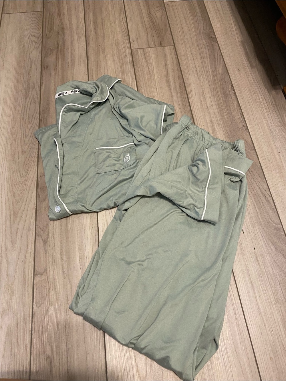 Born Sage Green Women's Pajama Set with White Piping